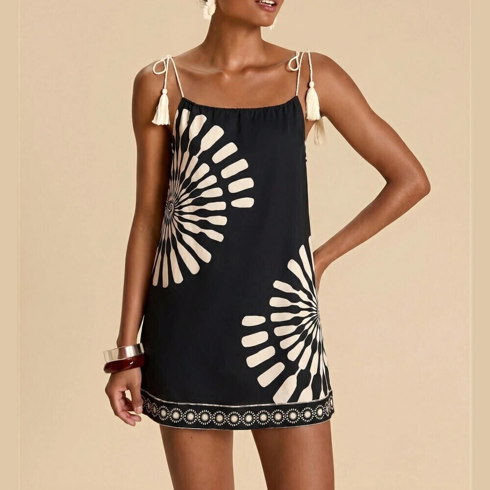 Black Cream Sunburst Print Tassel Tie Strap Shift Mini Dress